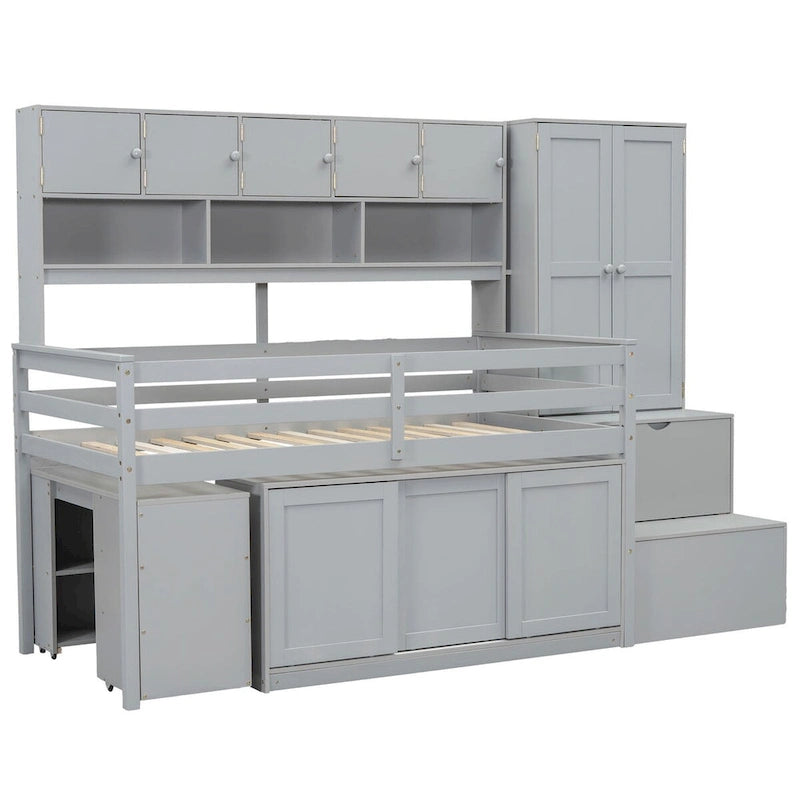 Lit mezzanine en bois, taille double, avec grand rangement et bureau sous le lit