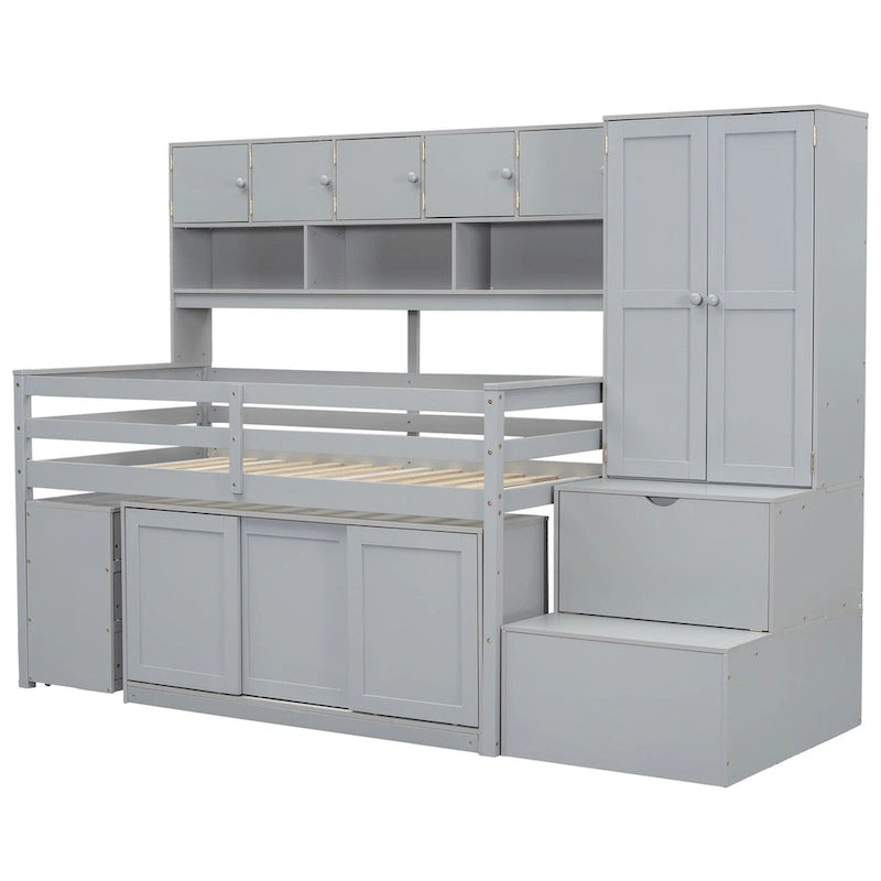 Lit mezzanine en bois, taille double, avec grand rangement et bureau sous le lit