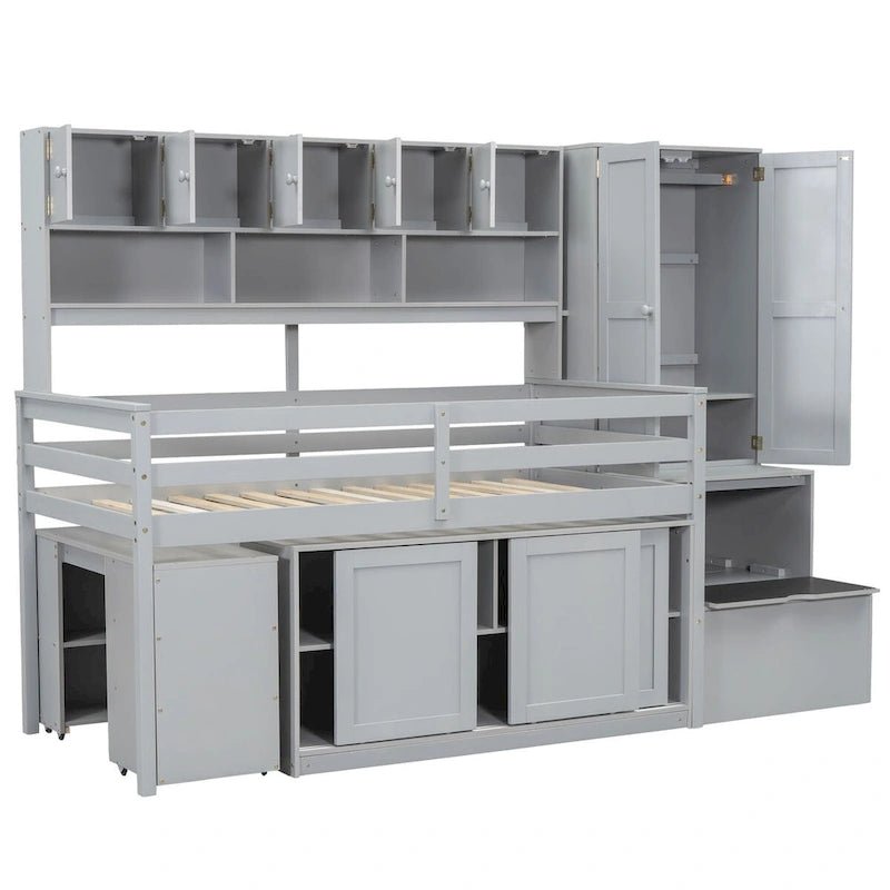 Lit mezzanine en bois, taille double, avec grand rangement et bureau sous le lit