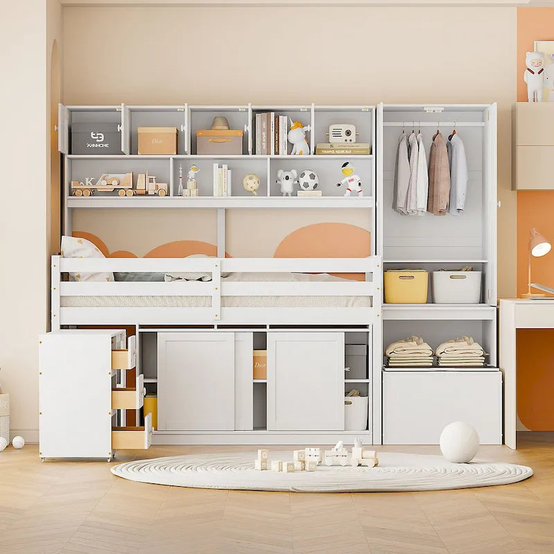 Lit mezzanine en bois, taille double, avec grand rangement et bureau sous le lit