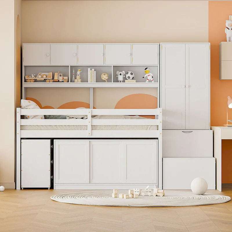 Lit mezzanine en bois, taille double, avec grand rangement et bureau sous le lit