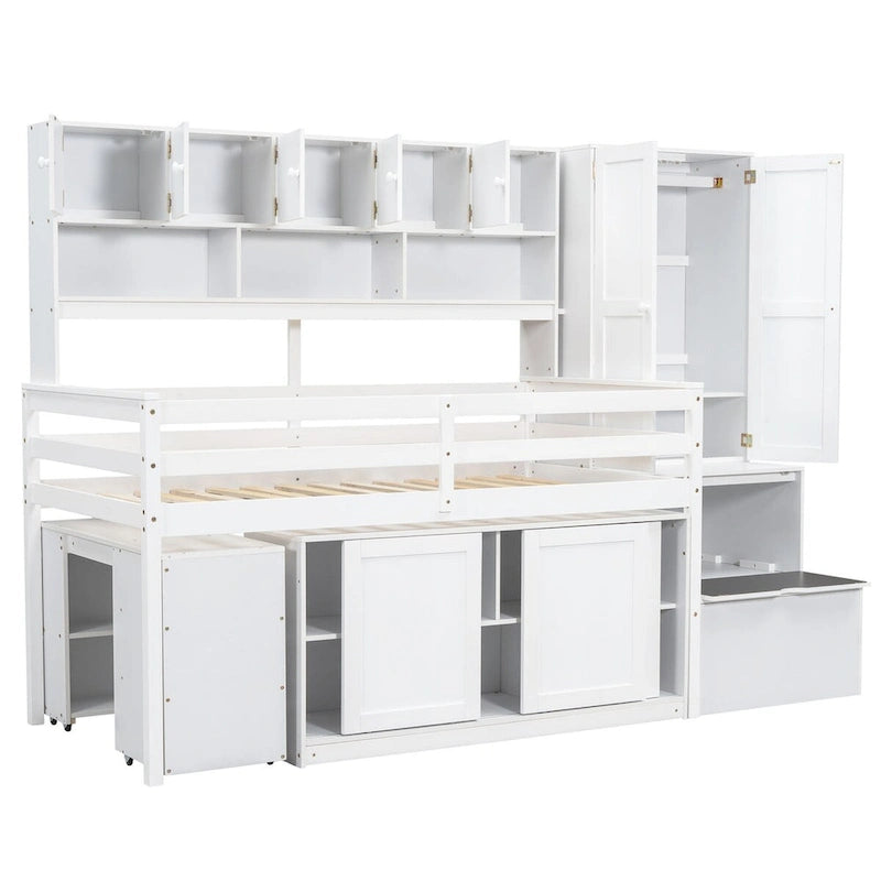 Lit mezzanine en bois, taille double, avec grand rangement et bureau sous le lit