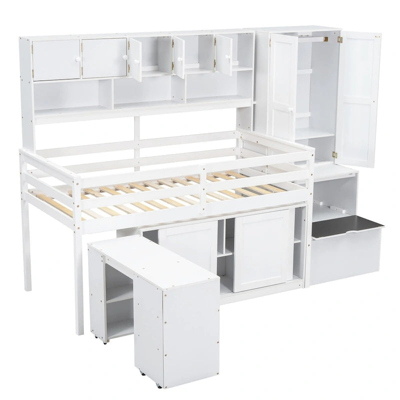 Lit mezzanine en bois, taille double, avec grand rangement et bureau sous le lit