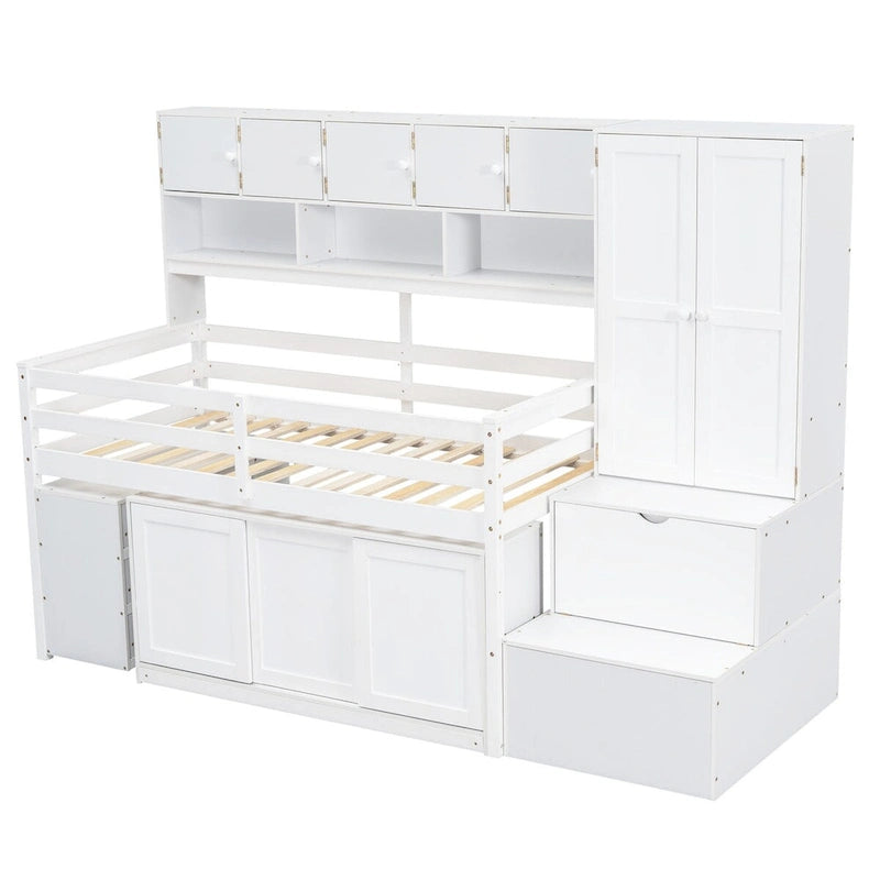 Lit mezzanine en bois, taille double, avec grand rangement et bureau sous le lit