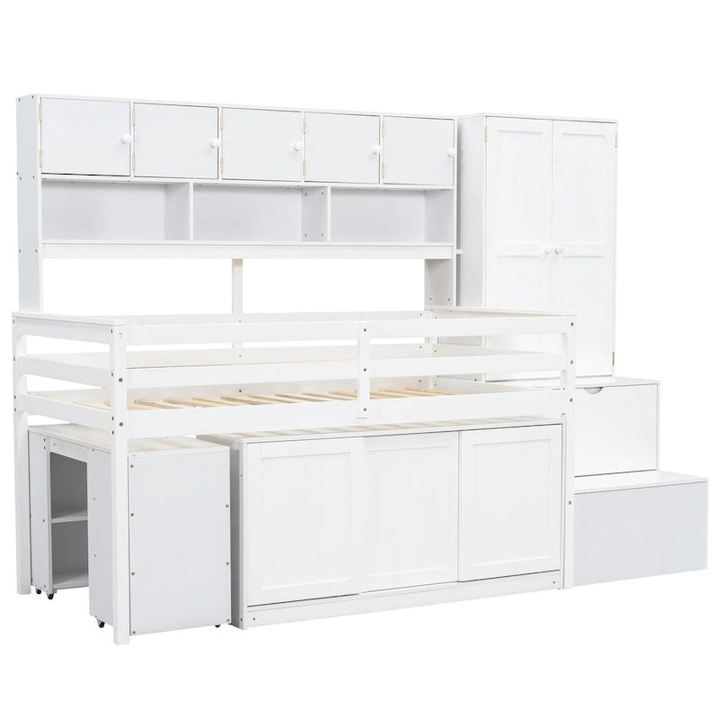 Lit mezzanine en bois, taille double, avec grand rangement et bureau sous le lit