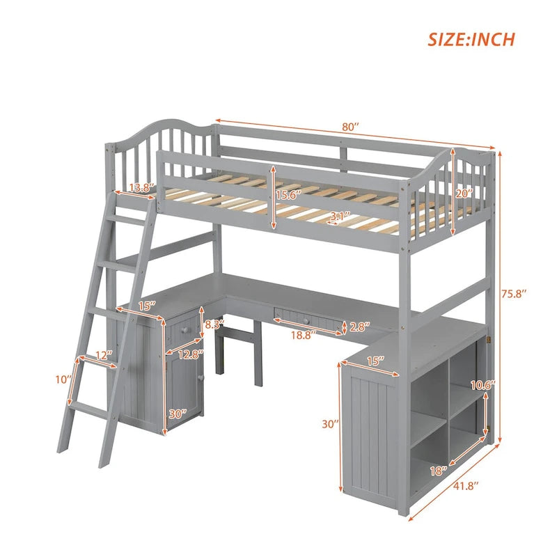Lit mezzanine simple avec tiroirs, armoire, étagères et bureau, lit mezzanine en bois avec bureau