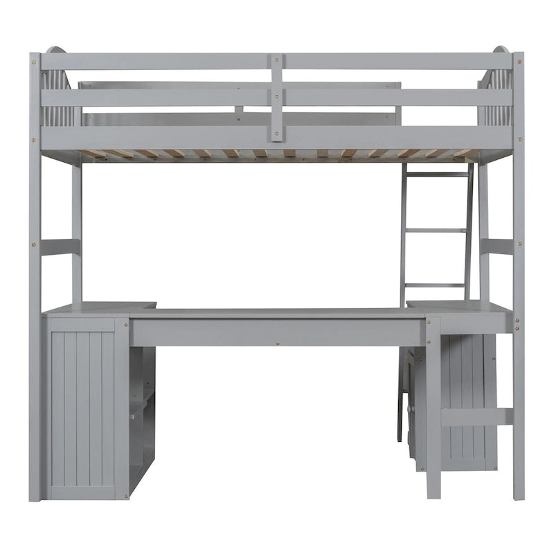 Lit mezzanine simple avec tiroirs, armoire, étagères et bureau, lit mezzanine en bois avec bureau