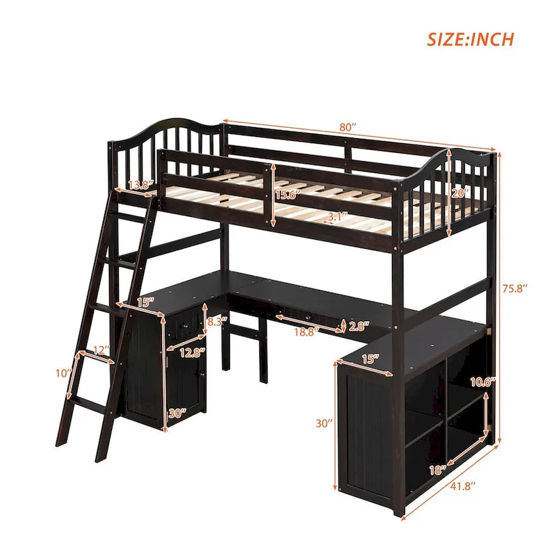 Lit mezzanine simple avec tiroirs, armoire, étagères et bureau, lit mezzanine en bois avec bureau