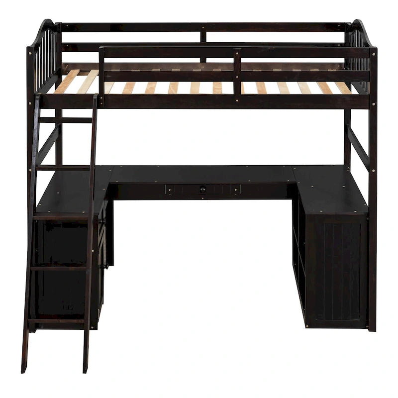 Lit mezzanine simple avec tiroirs, armoire, étagères et bureau, lit mezzanine en bois avec bureau