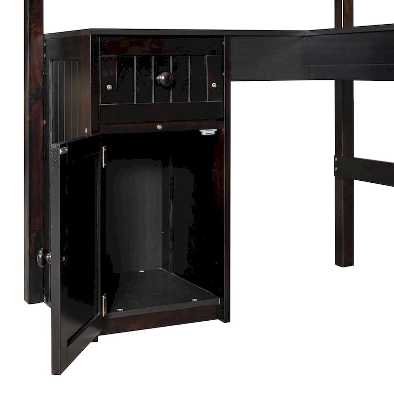 Lit mezzanine simple avec tiroirs, armoire, étagères et bureau, lit mezzanine en bois avec bureau