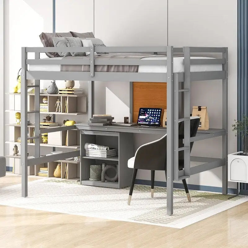 Lit mezzanine en bois pleine grandeur avec bureau et tableau d'écriture