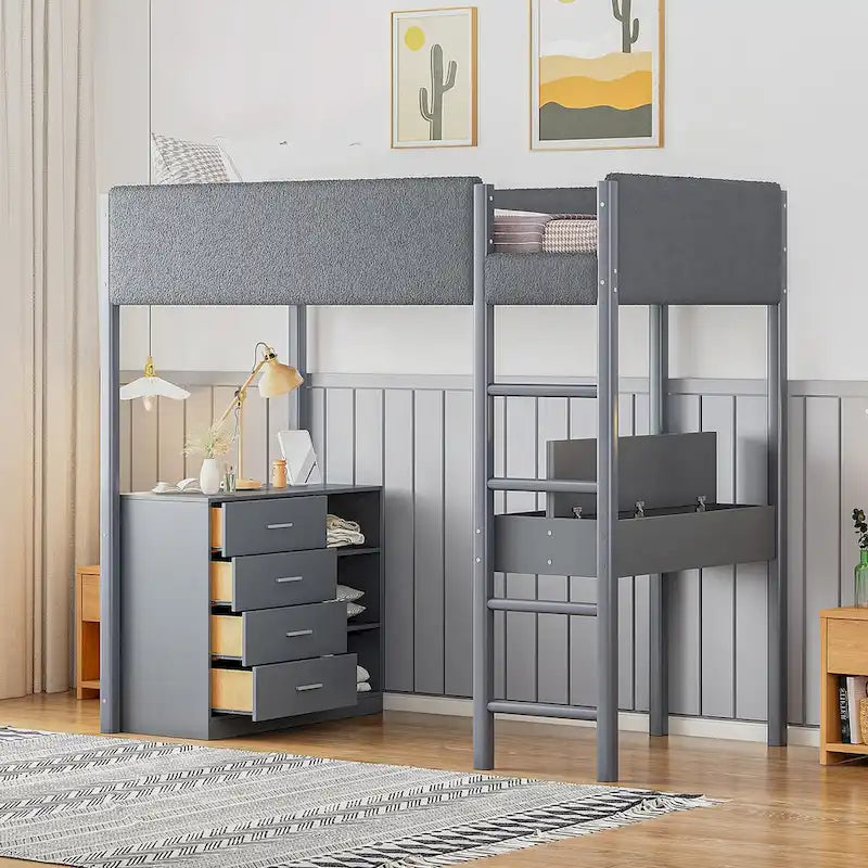 Lit mezzanine en bois et tissu polaire en sherpa pour lit double