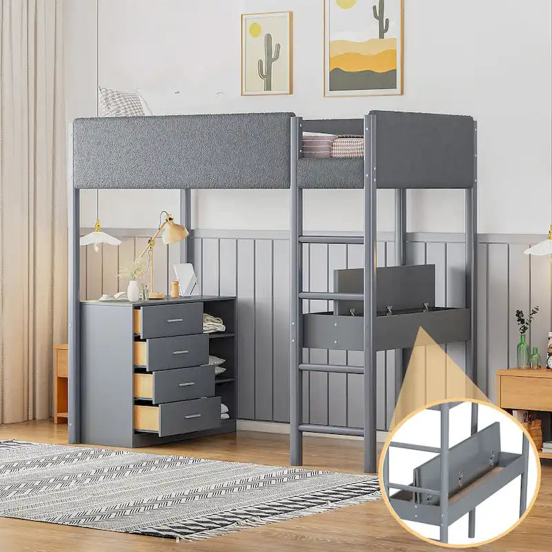 Lit mezzanine en bois et tissu polaire en sherpa pour lit double