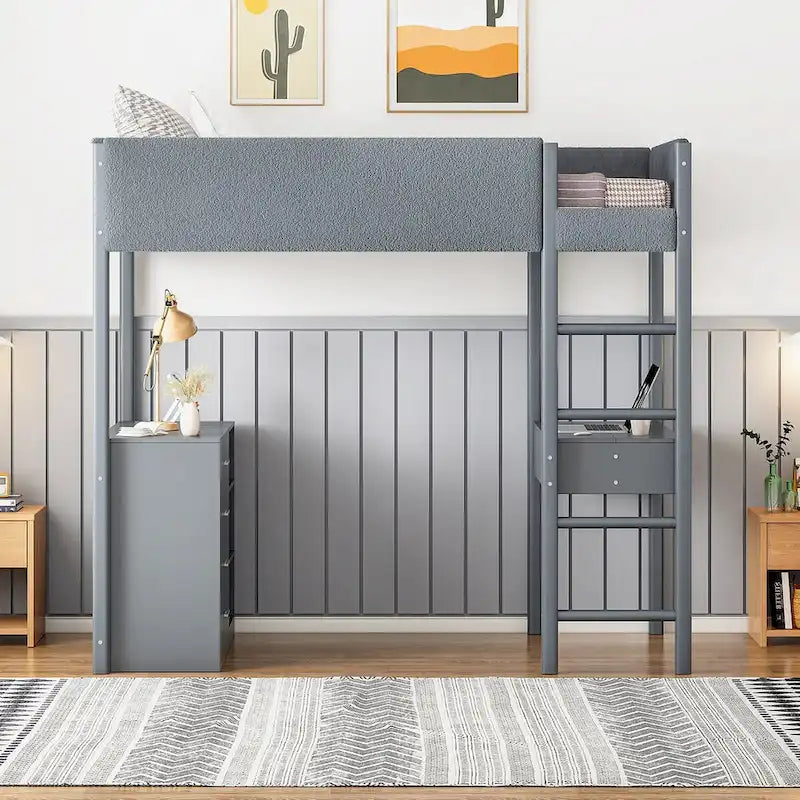 Lit mezzanine en bois et tissu polaire en sherpa pour lit double