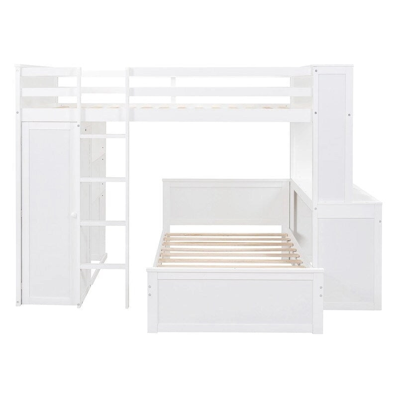 Lit mezzanine pleine grandeur avec un lit indépendant simple, des étagères, un bureau et une armoire
