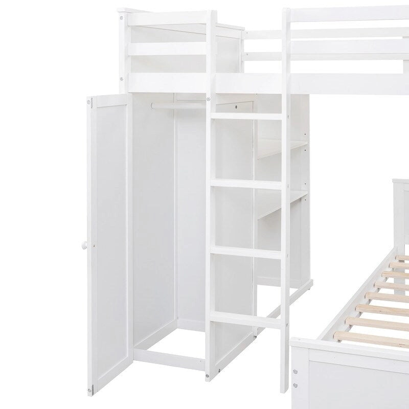 Lit mezzanine pleine grandeur avec un lit indépendant simple, des étagères, un bureau et une armoire
