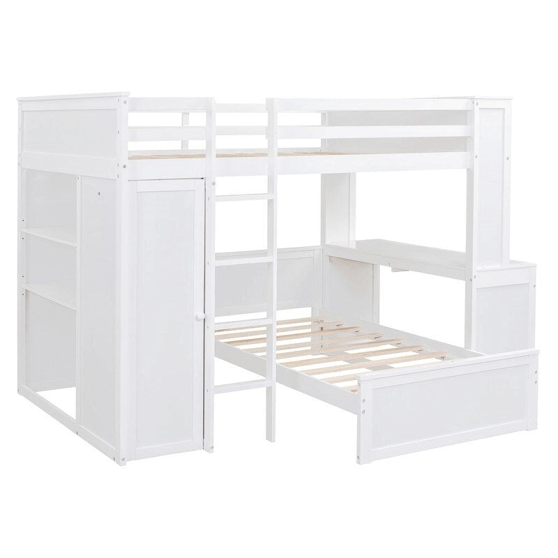Lit mezzanine pleine grandeur avec un lit indépendant simple, des étagères, un bureau et une armoire