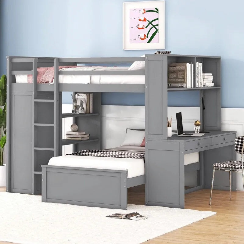 Lit mezzanine pleine grandeur avec un lit indépendant simple, des étagères, un bureau et une armoire