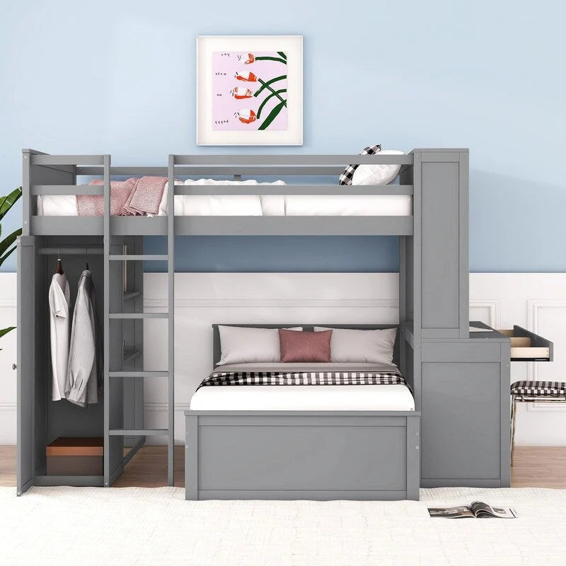 Lit mezzanine pleine grandeur avec un lit indépendant simple, des étagères, un bureau et une armoire