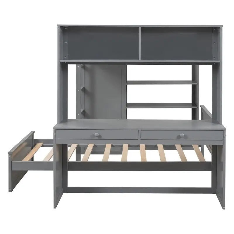 Lit mezzanine pleine grandeur avec un lit indépendant simple, des étagères, un bureau et une armoire