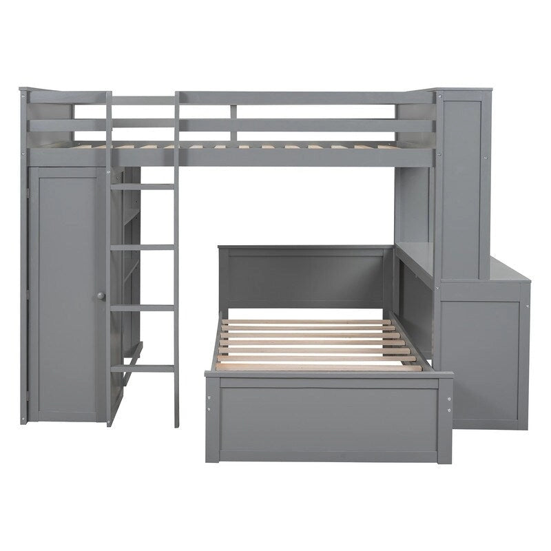 Lit mezzanine pleine grandeur avec un lit indépendant simple, des étagères, un bureau et une armoire