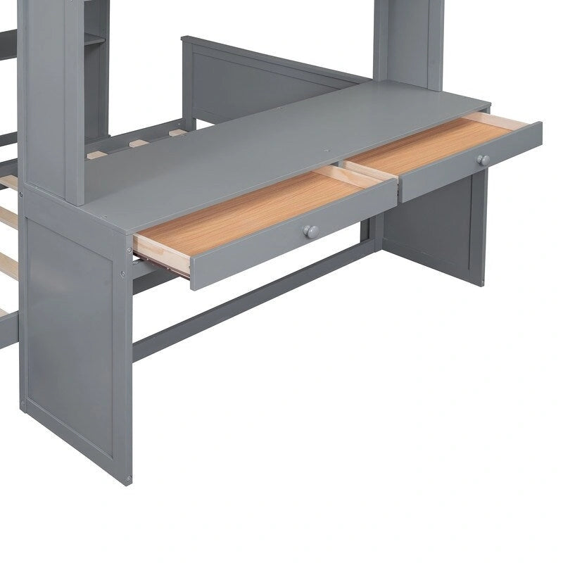 Lit mezzanine pleine grandeur avec un lit indépendant simple, des étagères, un bureau et une armoire