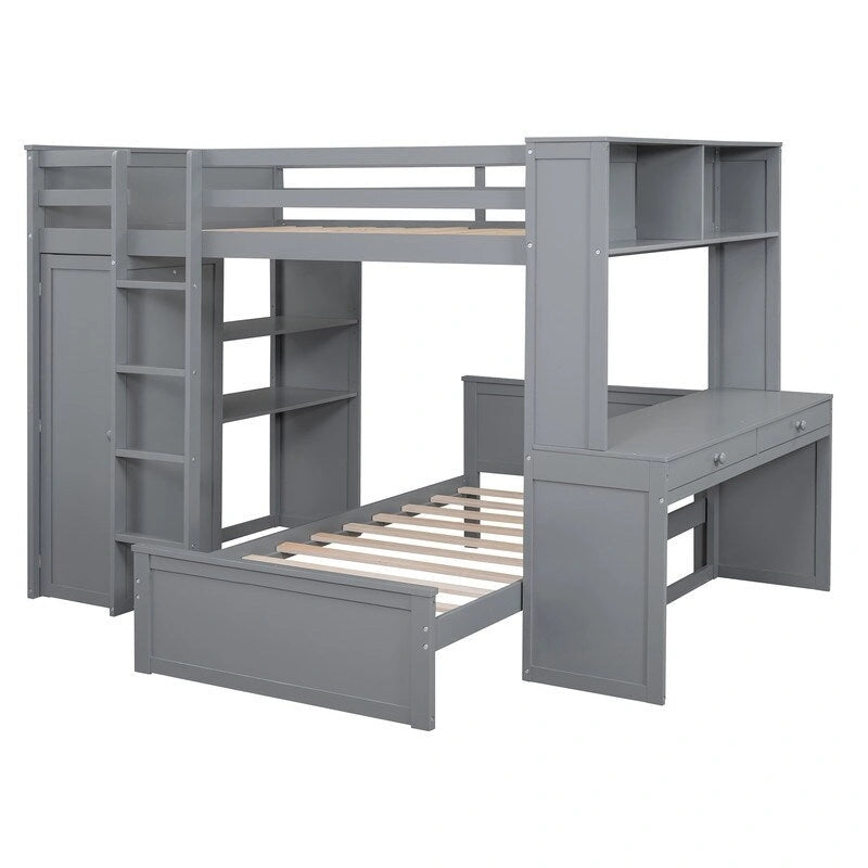 Lit mezzanine pleine grandeur avec un lit indépendant simple, des étagères, un bureau et une armoire