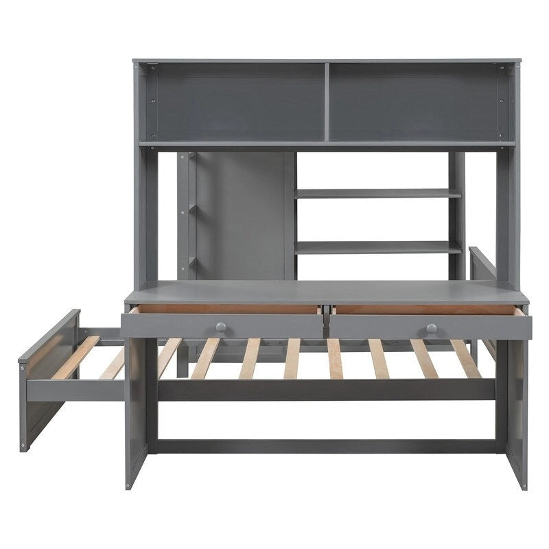 Lit mezzanine pleine grandeur avec un lit indépendant simple, des étagères, un bureau et une armoire