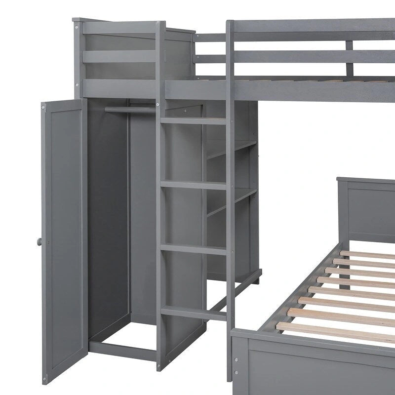 Lit mezzanine pleine grandeur avec un lit indépendant simple, des étagères, un bureau et une armoire