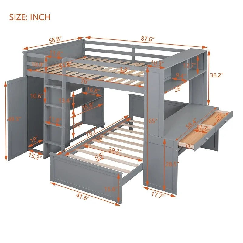 Lit mezzanine pleine grandeur avec un lit indépendant simple, des étagères, un bureau et une armoire