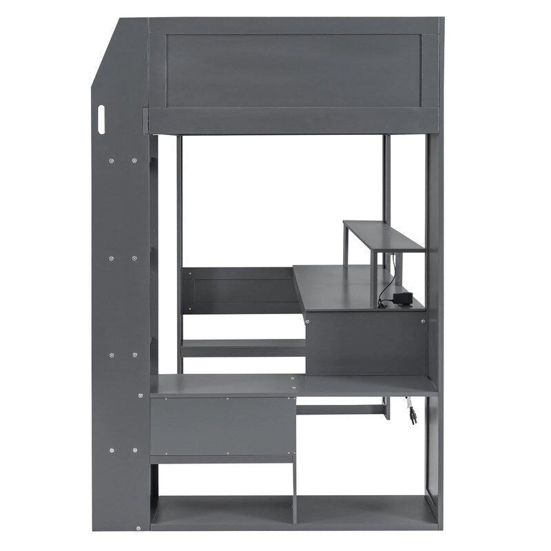 Lit mezzanine de jeu en bois pour jumeaux avec bureau, étagères de rangement multiples, LED et station de recharge, gris foncé