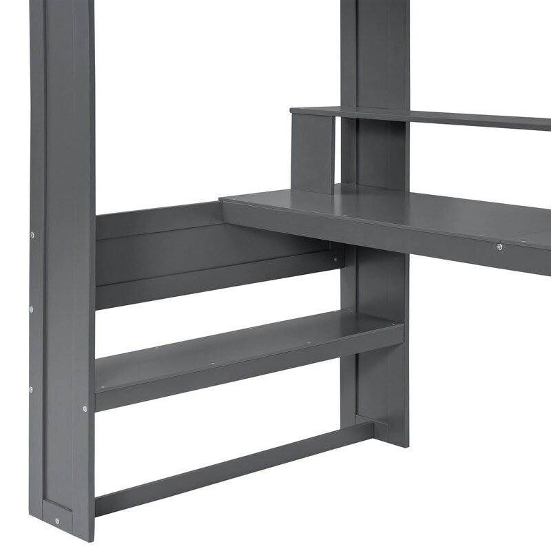 Lit mezzanine de jeu en bois pour jumeaux avec bureau, étagères de rangement multiples, LED et station de recharge, gris foncé