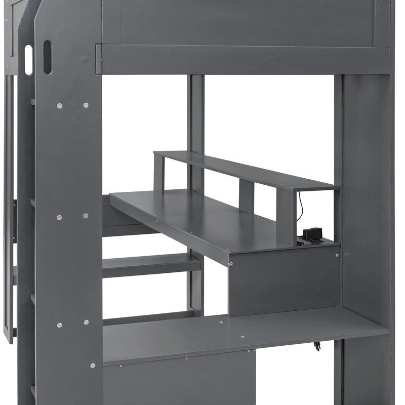 Lit mezzanine de jeu en bois pour jumeaux avec bureau, étagères de rangement multiples, LED et station de recharge, gris foncé