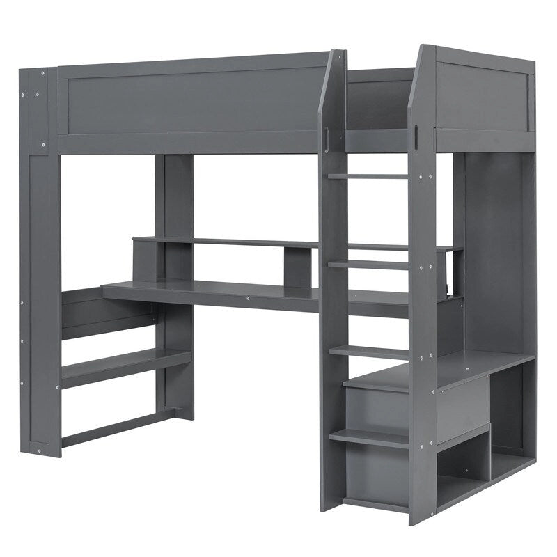 Lit mezzanine de jeu en bois pour jumeaux avec bureau, étagères de rangement multiples, LED et station de recharge, gris foncé