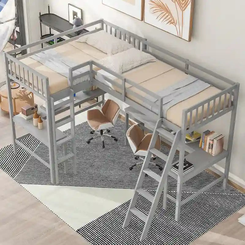 Lit mezzanine en L format jumeau avec échelle et 2 bureaux en L intégrés pour garçons, filles, enfants, adultes, tout-petits