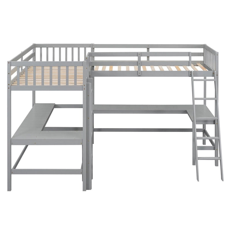 Lit mezzanine en L format jumeau avec échelle et 2 bureaux en L intégrés pour garçons, filles, enfants, adultes, tout-petits
