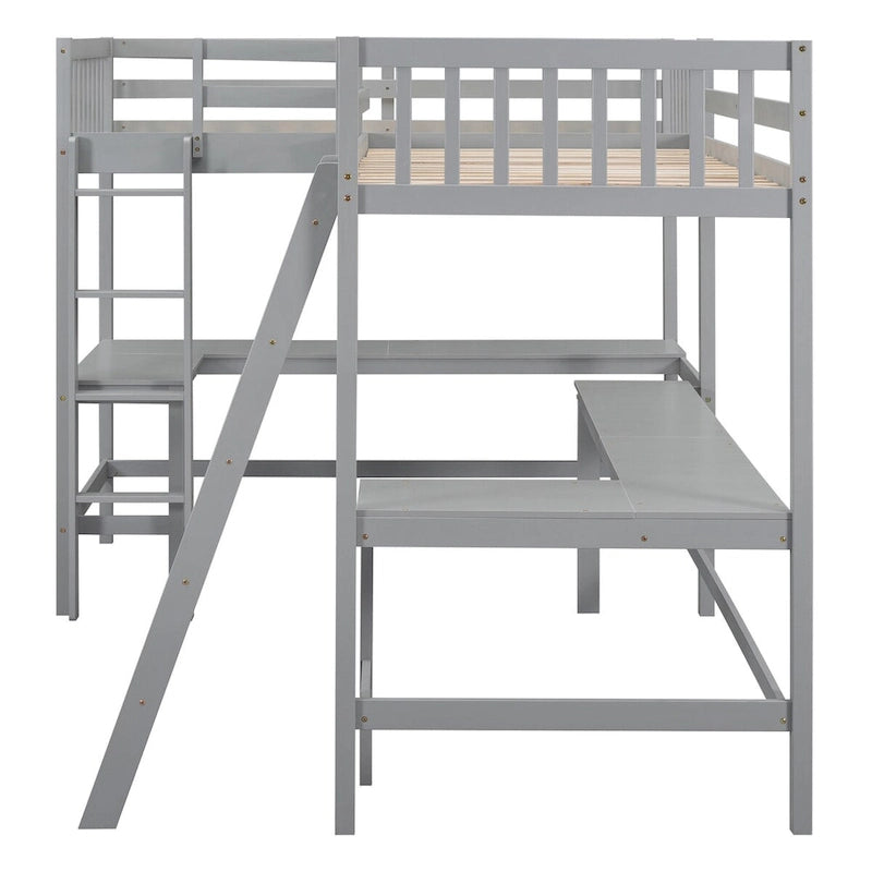 Lit mezzanine en L format jumeau avec échelle et 2 bureaux en L intégrés pour garçons, filles, enfants, adultes, tout-petits