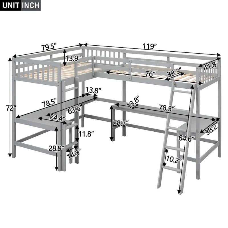 Lit mezzanine en L format jumeau avec échelle et 2 bureaux en L intégrés pour garçons, filles, enfants, adultes, tout-petits