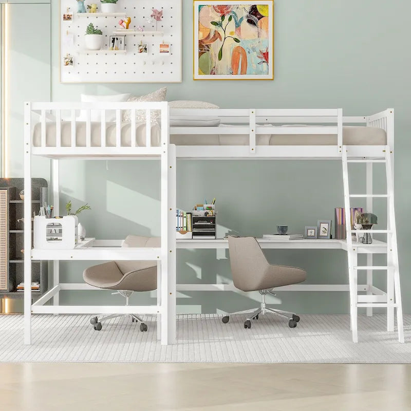 Lit mezzanine en L format jumeau avec échelle et 2 bureaux en L intégrés pour garçons, filles, enfants, adultes, tout-petits