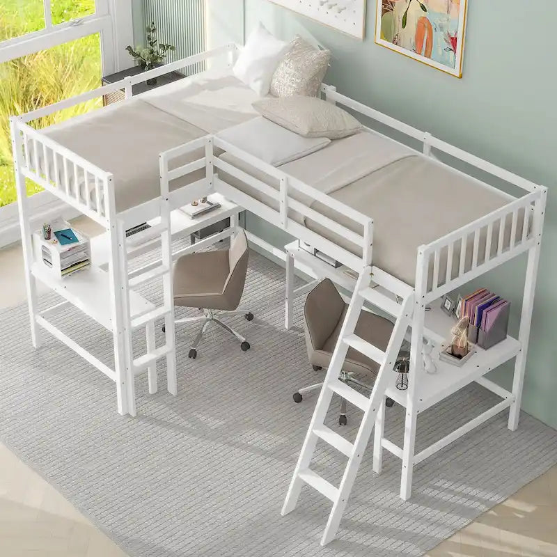 Lit mezzanine en L format jumeau avec échelle et 2 bureaux en L intégrés pour garçons, filles, enfants, adultes, tout-petits