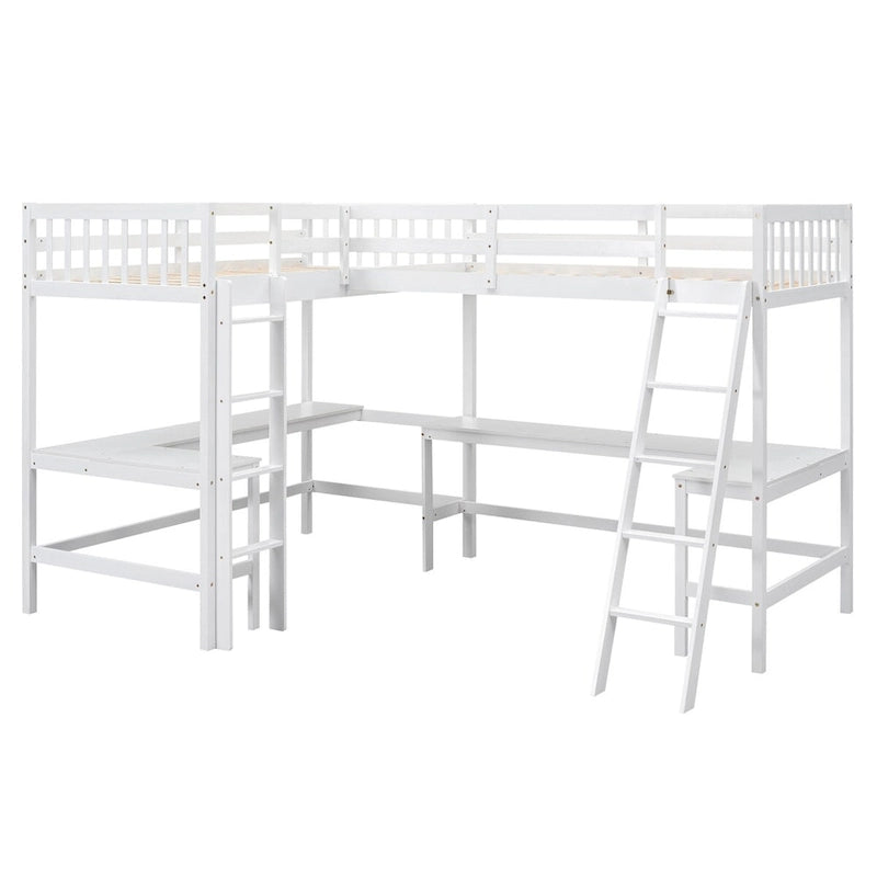Lit mezzanine en L format jumeau avec échelle et 2 bureaux en L intégrés pour garçons, filles, enfants, adultes, tout-petits