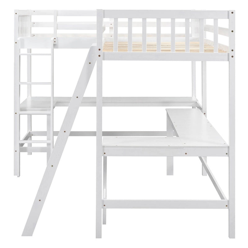 Lit mezzanine en L format jumeau avec échelle et 2 bureaux en L intégrés pour garçons, filles, enfants, adultes, tout-petits