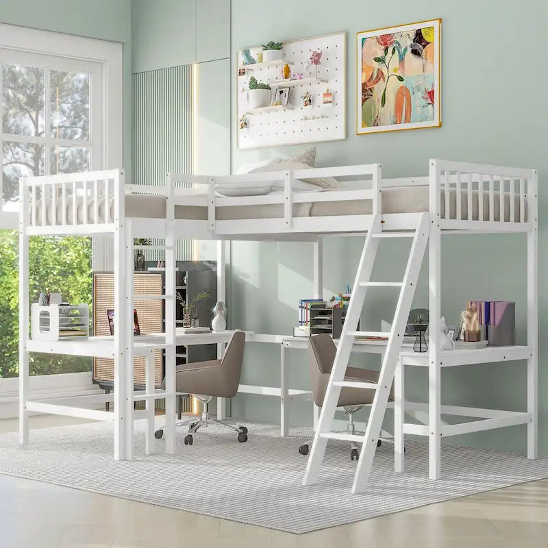 Lit mezzanine en L format jumeau avec échelle et 2 bureaux en L intégrés pour garçons, filles, enfants, adultes, tout-petits