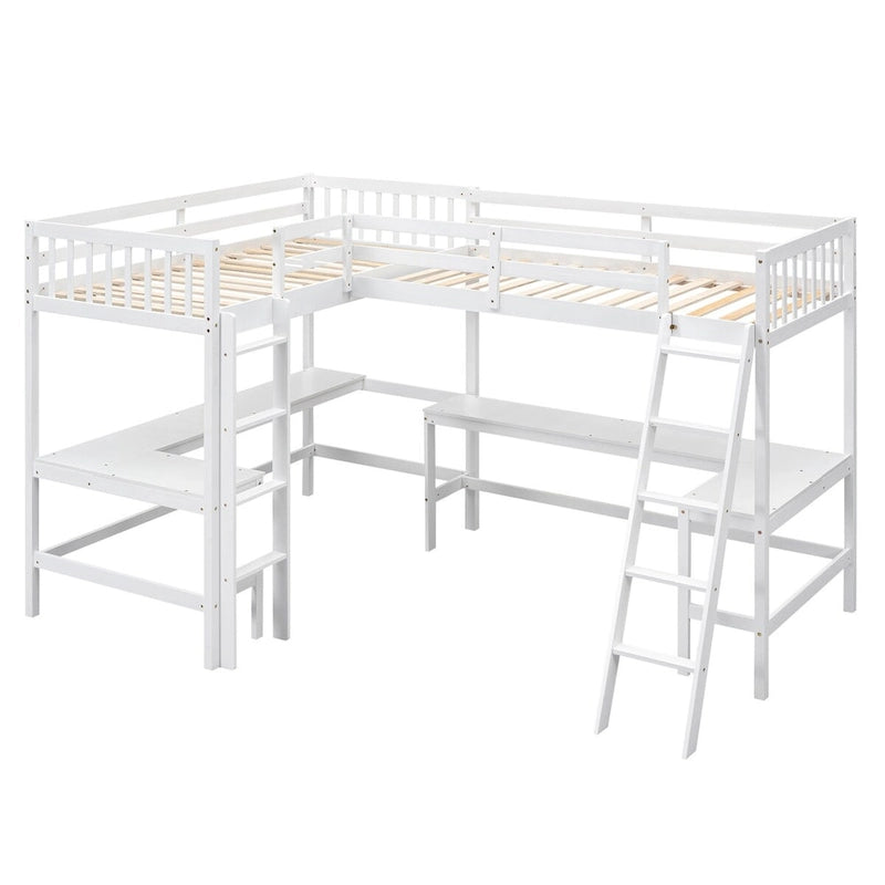 Lit mezzanine en L format jumeau avec échelle et 2 bureaux en L intégrés pour garçons, filles, enfants, adultes, tout-petits