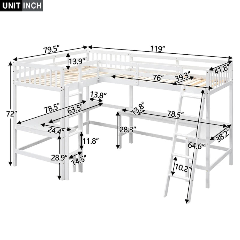 Lit mezzanine en L format jumeau avec échelle et 2 bureaux en L intégrés pour garçons, filles, enfants, adultes, tout-petits