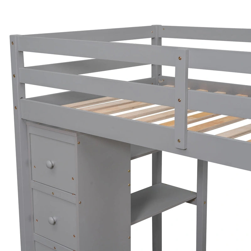 Loft Bed with Storage Drawers, Desk and Stairs, Wooden Loft Bed with Shelves