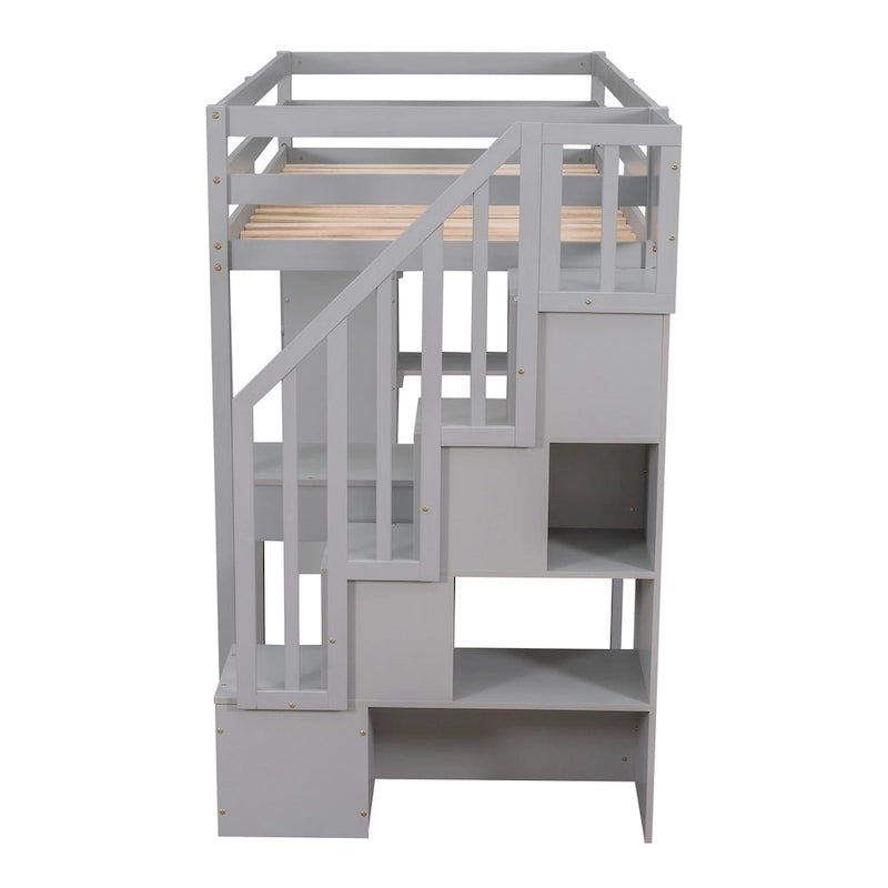 Lit mezzanine avec tiroirs de rangement, bureau et escalier, lit mezzanine en bois avec étagères
