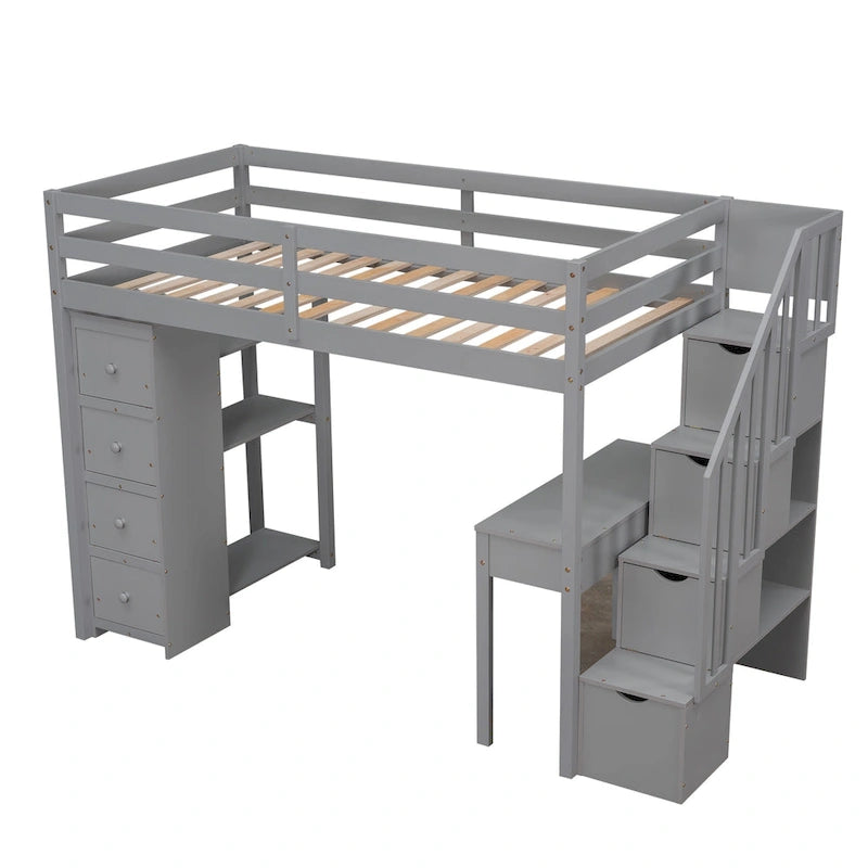 Lit mezzanine avec tiroirs de rangement, bureau et escalier, lit mezzanine en bois avec étagères