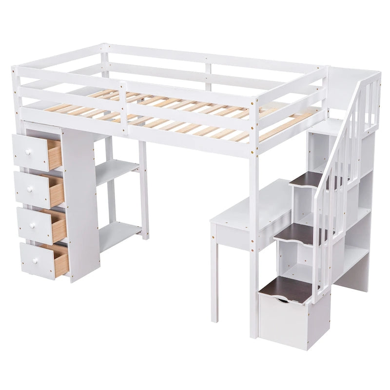 Lit mezzanine avec tiroirs de rangement, bureau et escalier, lit mezzanine en bois avec étagères