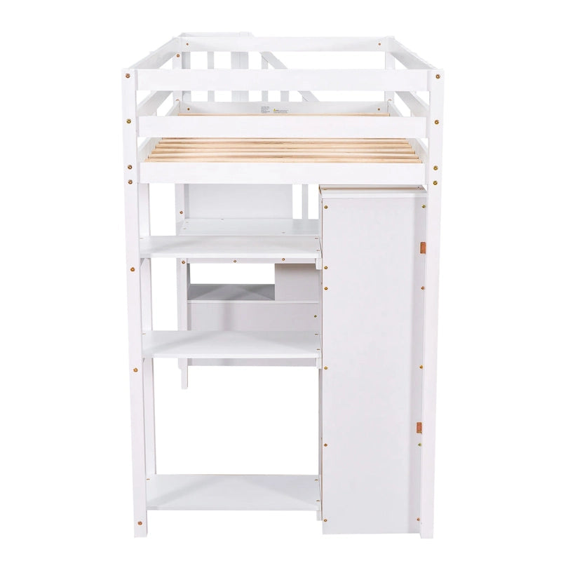 Lit mezzanine avec tiroirs de rangement, bureau et escalier, lit mezzanine en bois avec étagères